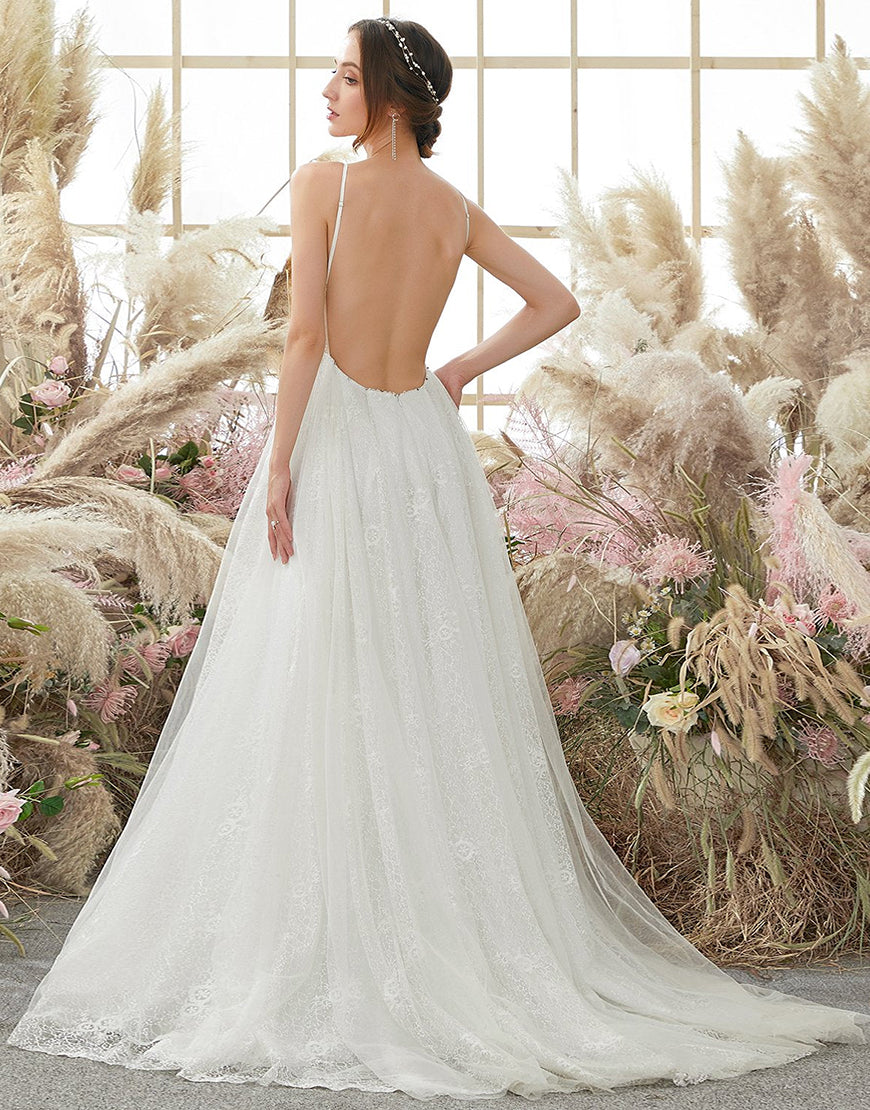 Luolandi V Neck Blackless Wedding Dress Open Back Floor Length Beautiful off